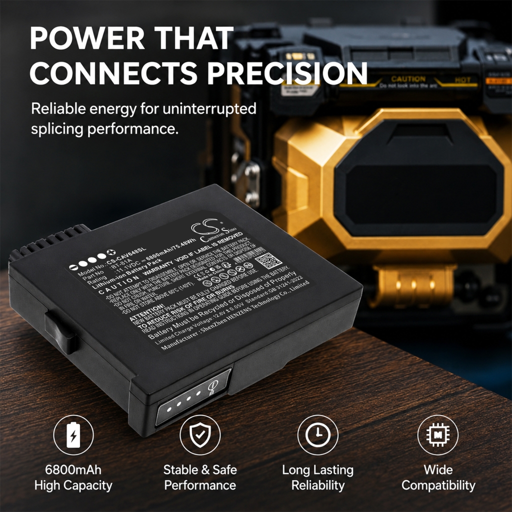 Marketing image: CS-CAV648SL battery on dark table beside fiber splicer with text overlay