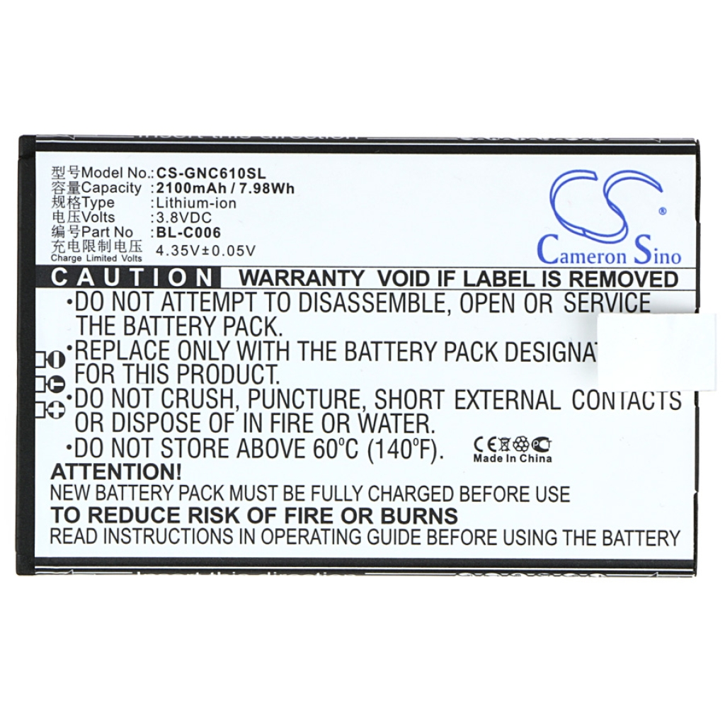 Cameron Sino CS-GNC610SL tasainen etutarranäkymä: 2100mAh 3,8V 7,98Wh Li-ion BL-C006