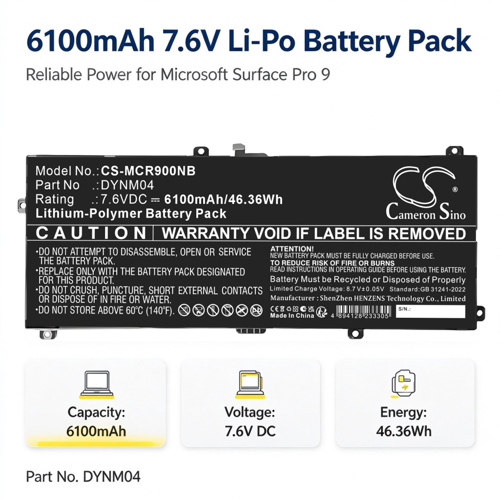 Akut yhteensopiva Microsoft Surface Pro 9 Pro 9 2032 CS-MCR900NB