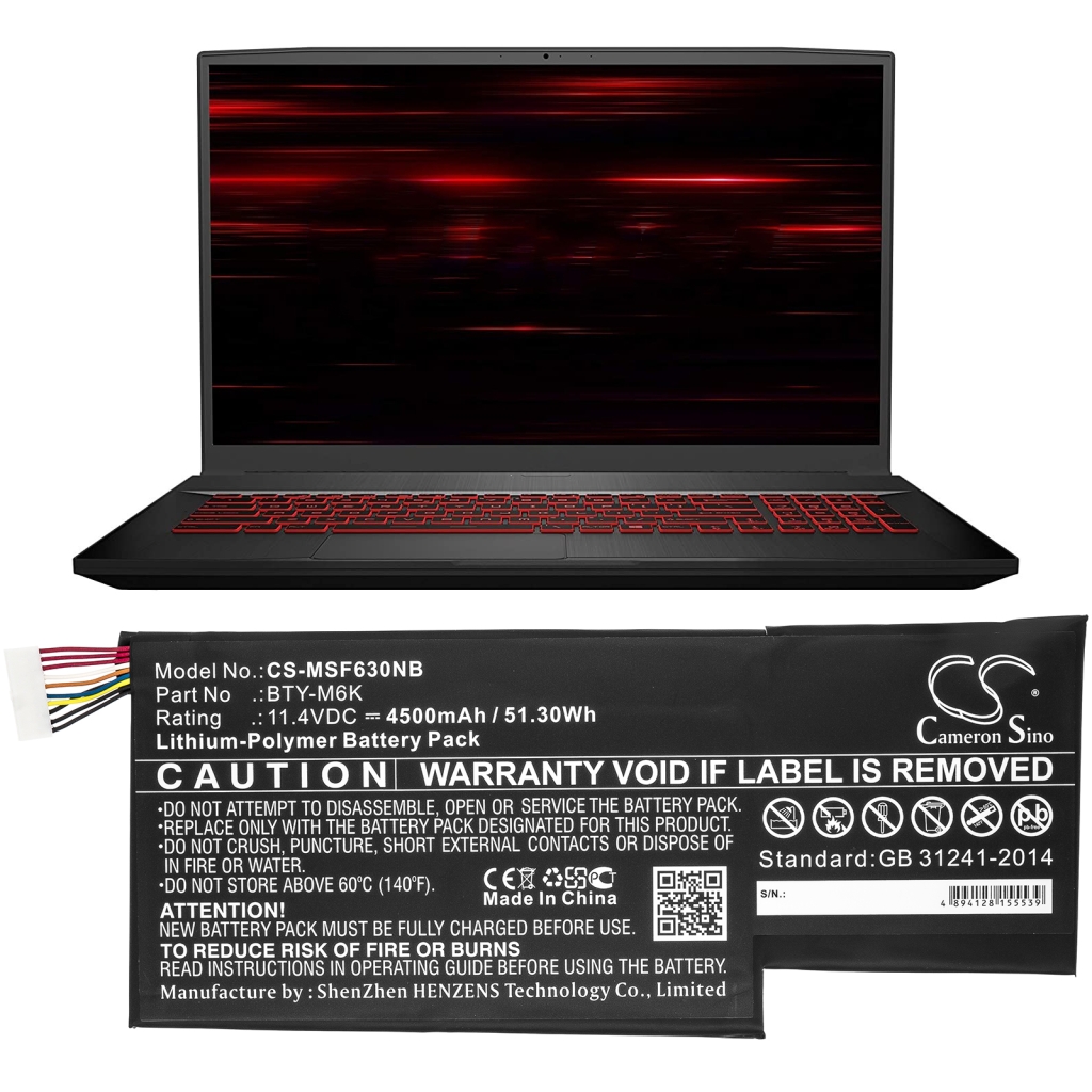 Yhteensopiva akun vaihto MSI BTY-M6K